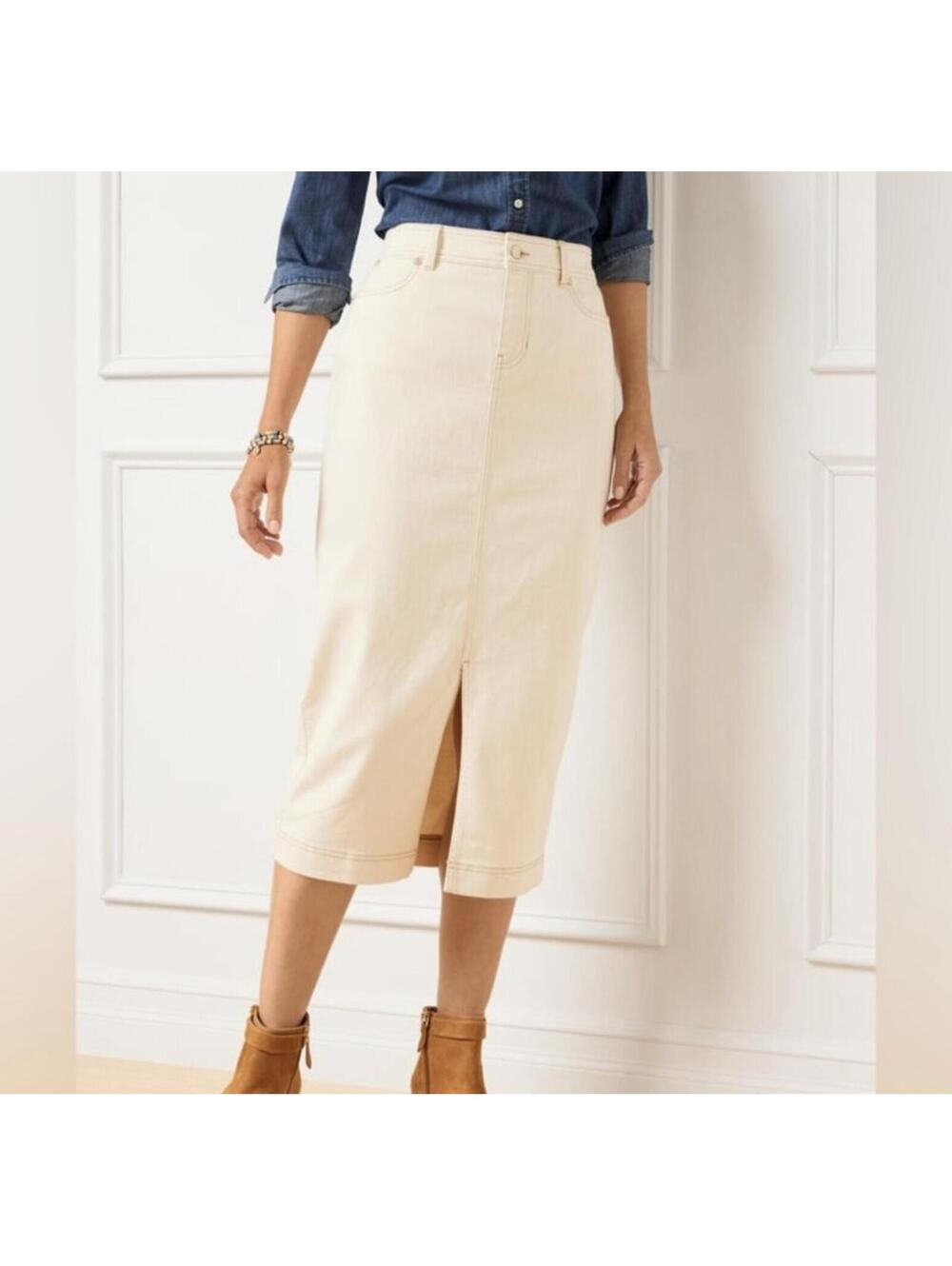 NWT Talbots Cream Denim Midi Pencil Skirt Size 2 Front Slit